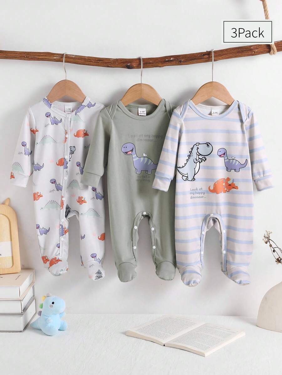 3pcs Newborn Cartoon Dinosaur Romper - Multicolor - View 1