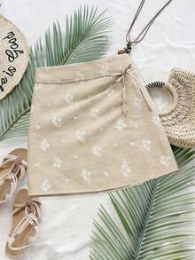 INAWLY 女士系带时尚简约百搭夏季半身裙 - 卡其色 - 查看 1