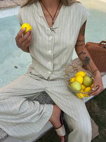 DAZY 女士条纹单排扣背心和裤子休闲两件套 - 卡其色 - 查看 2