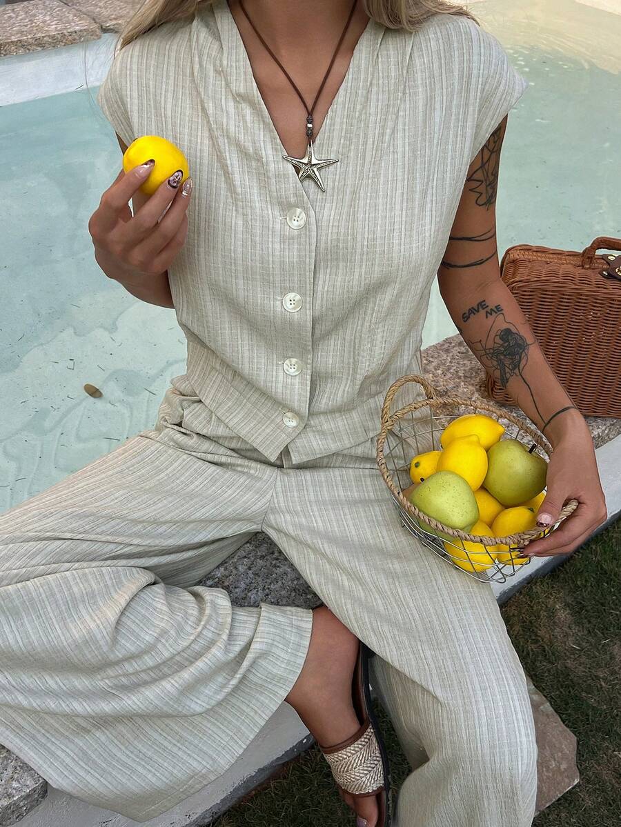 DAZY Women's Striped Single-Breasted Vest And Pants Casual 2 Pieces Set - Khaki - View 1