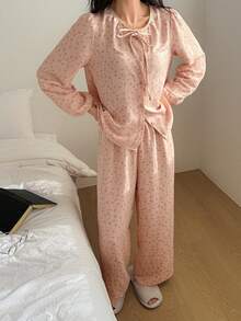 DAZY 甜美碎花领结女士睡衣套装 - 粉色 - 查看 5