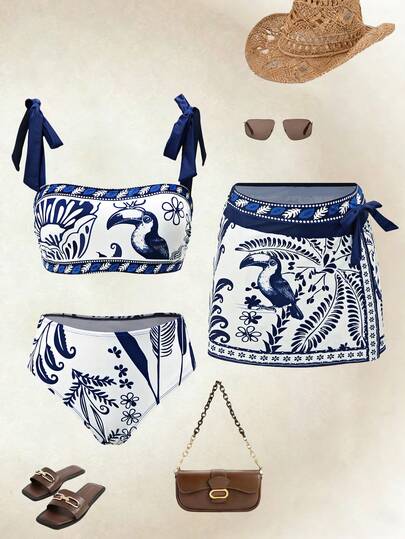 Swim Oasis Conjunto de 3 piezas de vacaciones de primavera/verano: falda, traje de baño, estampado de loro elegante y maduro estilo BOHO
