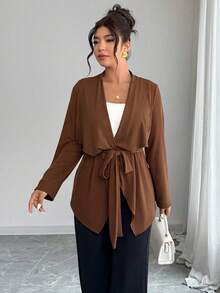 EMERY ROSE Plus Size Casual Solid Color Asymmetric Hem Jacket, Autumn - Brown - View 4