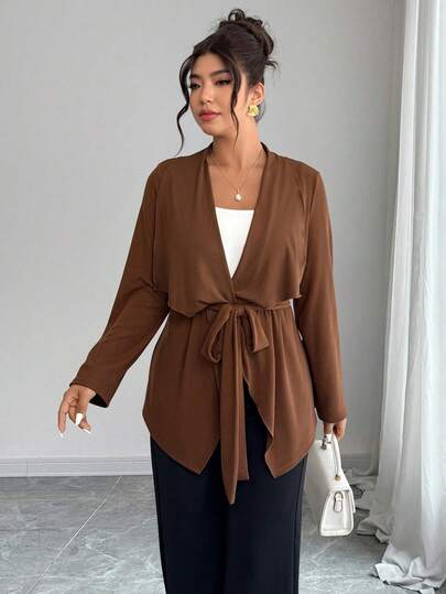 EMERY ROSE Plus Size Casual Solid Color Asymmetric Hem Jacket, Autumn