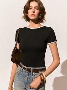 Poéselle 女士撞色滚边圆领修身连体衣 - 杏色 - 查看 7