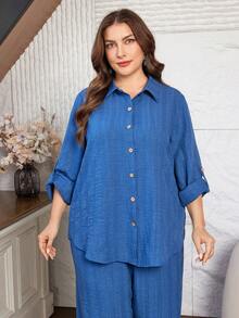 Lacomfia Women's Loose Long Sleeve Shirt And Wide Leg Pants Set, Comfortable Casual Jacquard Plus Size 2-Piece Outfit - Blue - View 5