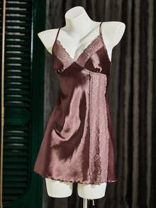 SHEIN Lace Patchwork Faux Silk Women Camisole Nightgown - Coffee Brown - View 5