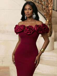 Playroots 女士优雅连衣裙，派对礼服，3D立体花卉露肩修身连衣裙 - 紅色 - 查看 2
