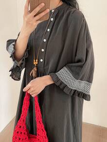 FRIFUL Đầm dài nữ màu trơn, cài nửa cổ áo, cúc tay tương phản, đường may tương phản, gấu đầm xòe trang trí, dáng rộng thoải mái, đa năng. - Xám - Xem 1