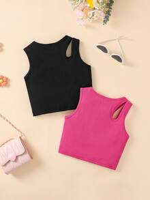 2件套 女童度假风 3D立体花卉刺绣镂空修身露脐背心，白色和洋红色 - 黑色 - 查看 2