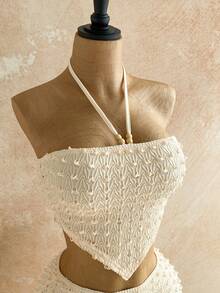 Soleia 女士春夏度假休闲米色串珠吊带上衣和流苏紧身裙两件套，适合海滩、邮轮等场合。 - 杏色 - 查看 7