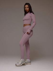 Musera Sport Cut Out Twist Back Long Sleeve Active Crop Top And Dipped Crossover Waistband Leggings Active Workout Gym Pilates Fitness Daily Casual Smoky Quartz - Dusty Purple - View 4