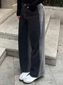 Dazy Plus 大码女式复古撞色水洗宽松直筒百搭牛仔裤，四季皆宜 - 灰色 - 查看 6