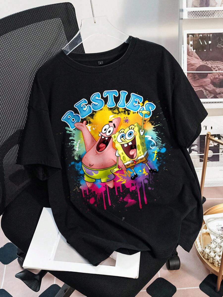 SpongeBob SquarePants | SHEIN Women's Casual Everyday Commute Funny Cute Cartoon Letter Print Dropped Shoulder Loose Black T-Shirt, Summer - Black - View 1
