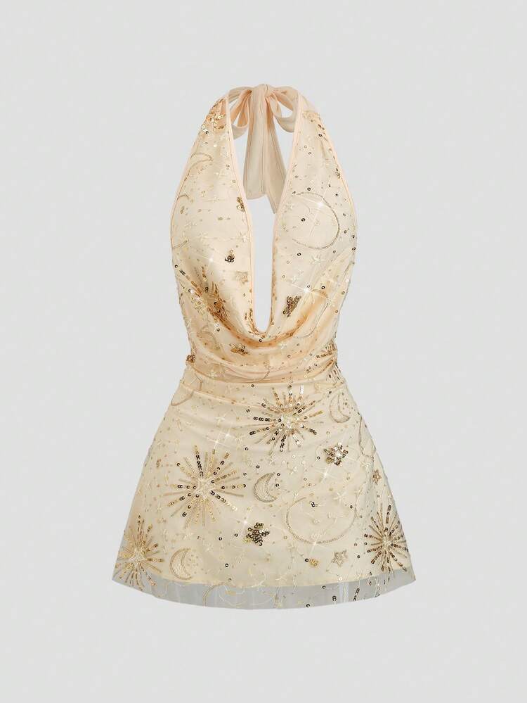 SHEIN Sweetro Vestido mini con lentejuelas y cuello halter para mujer, adecuado para primavera/verano, Día de San Valentín - Albaricoque - Añade 1