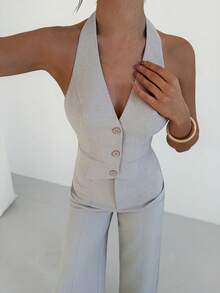 Firerie Women's Elegant Minimalist Fashion Commuter Urban Chic Casual Street Style New V-Neck Button Backless Belt Cropped Vest And High Waist Wide Leg Pants Khaki 2-Piece Set - Khaki - View 7