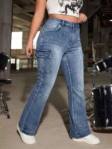 SHEIN ICON 加厚翻盖侧口袋喇叭牛仔裤 - 藍色 - 查看 1