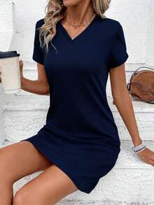 EMERY ROSE Đầm ngắn tay cổ chữ V màu trơn dành cho nữ, kiểu dáng thường ngày. - Màu xanh hải quân - Xem 4