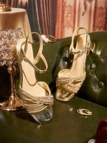 CUCCOO TILAWA Women's Fashionable Elegant Party Banquet Rhinestone Criss-Cross Open Toe Chunky High Heel Sandals - Gold - View 1