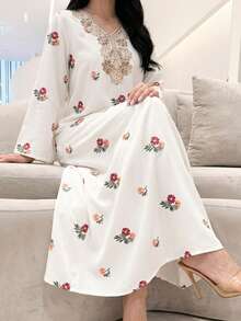 Yasmyna Women's Elegant Floral Print V-Neck Patchwork Lace Sequin Applique Flare Sleeve Loose Arabic Abaya Robe Dress Modest Caftan Dress - White - View 1