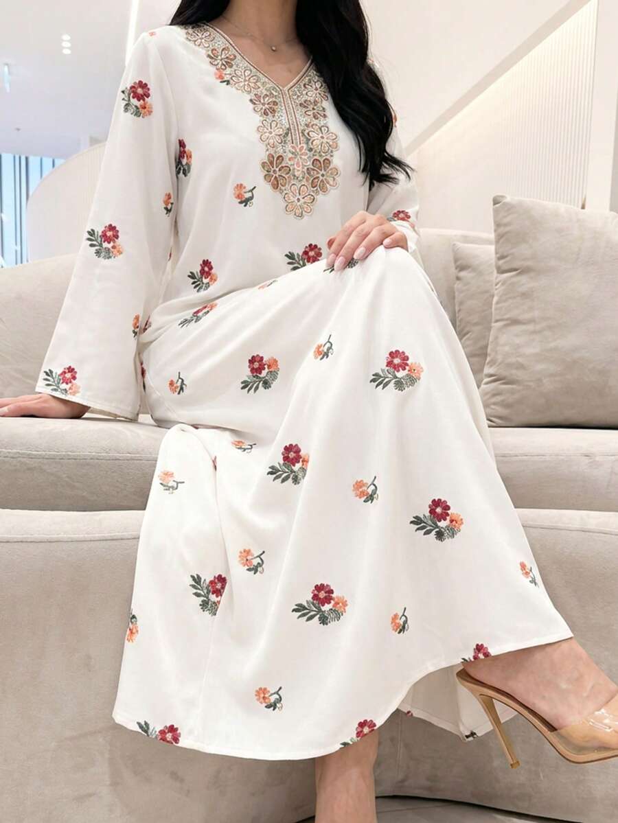 Yasmyna Women's Elegant Floral Print V-Neck Patchwork Lace Sequin Applique Flare Sleeve Loose Arabic Abaya Robe Dress Modest Caftan Dress - White - View 1