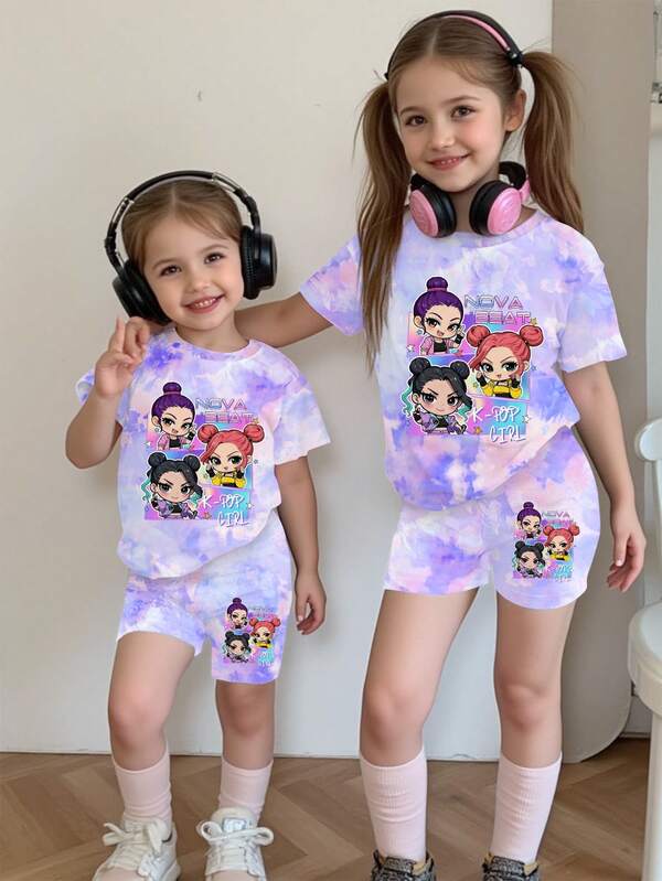 1 Set Conjunto de camiseta de manga corta con cuello redondo y pantalones cortos con estampado de niña K-POP de dibujos animados y efecto tie-dye para niñas bebés, adecuado para uso casual y al aire libre