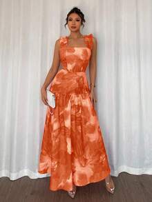 Elenzga Đầm không tay dáng chữ A, cổ vuông, eo thắt, họa tiết hoa ngẫu nhiên, viền bèo nhún, màu hồng và hồng cánh sen nhuộm tie-dye, thích hợp cho mùa xuân/hè. - trái cam - Xem 3