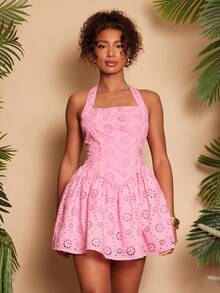 Travachic Women's Hollow Embroidered Romantic Halter Vacation Dress - Baby Pink - View 5