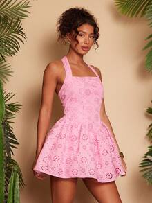 Travachic Women's Hollow Embroidered Romantic Halter Vacation Dress - Baby Pink - View 7