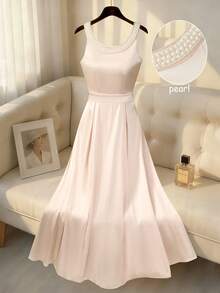 Franclia Elegant Satin Peach Spaghetti Strap Waist Cinched Maxi Dress - Apricot - View 1