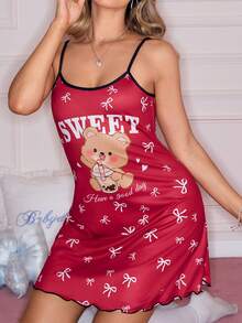 Y2K Cute Bear & Bow Print Nightgown For Women, Romantic - Burgundy - View 3
