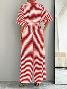 SHEIN LUNE Mono de mujer con mangas de murciélago y nudo delantero con estampado de rayas - Multicolor - Ver 2