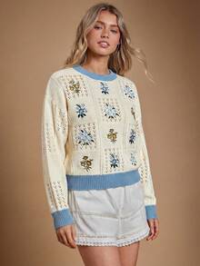 WESTFADE 拼接圆领花卉刺绣混针长袖套头针织毛衣，可爱秋季上衣，休闲波西米亚风女装，乡村西部音乐会风格，秋季，冬日 - 霧霾藍 - 查看 3