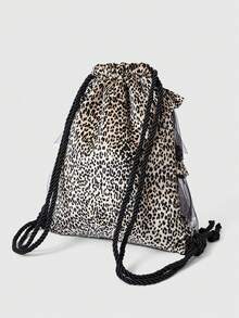 ROMWE Grunge Punk Women's Large Capacity Fashionable Sweet Leopard Print Ruffle Drawstring Backpack - leopard print - View 11
