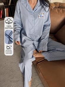 DAZY 2件套秋季棉质卡通小狗条纹宽松开衫长袖长裤女式睡衣套装 - 藍色 - 查看 3