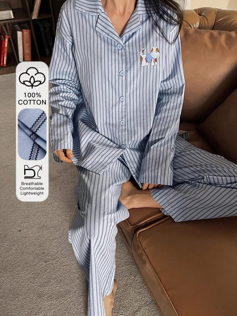 DAZY 2pcs/Set Autumn Cotton Cartoon Puppy & Striped Loose Cardigan Long Sleeve & Pants Women Pajama Set - Blue - View 1
