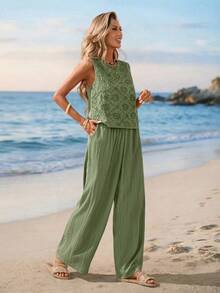 Sylviya Set de 2 piezas de top de tirantes y pantalones de unicolor con bordado calado para mujer, ideal para vacaciones - Verde - Ver 4