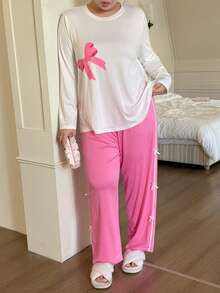 Bộ đồ ngủ cỡ lớn dành cho nữ với nơ phối màu tương phản. - Hồng - Xem 4