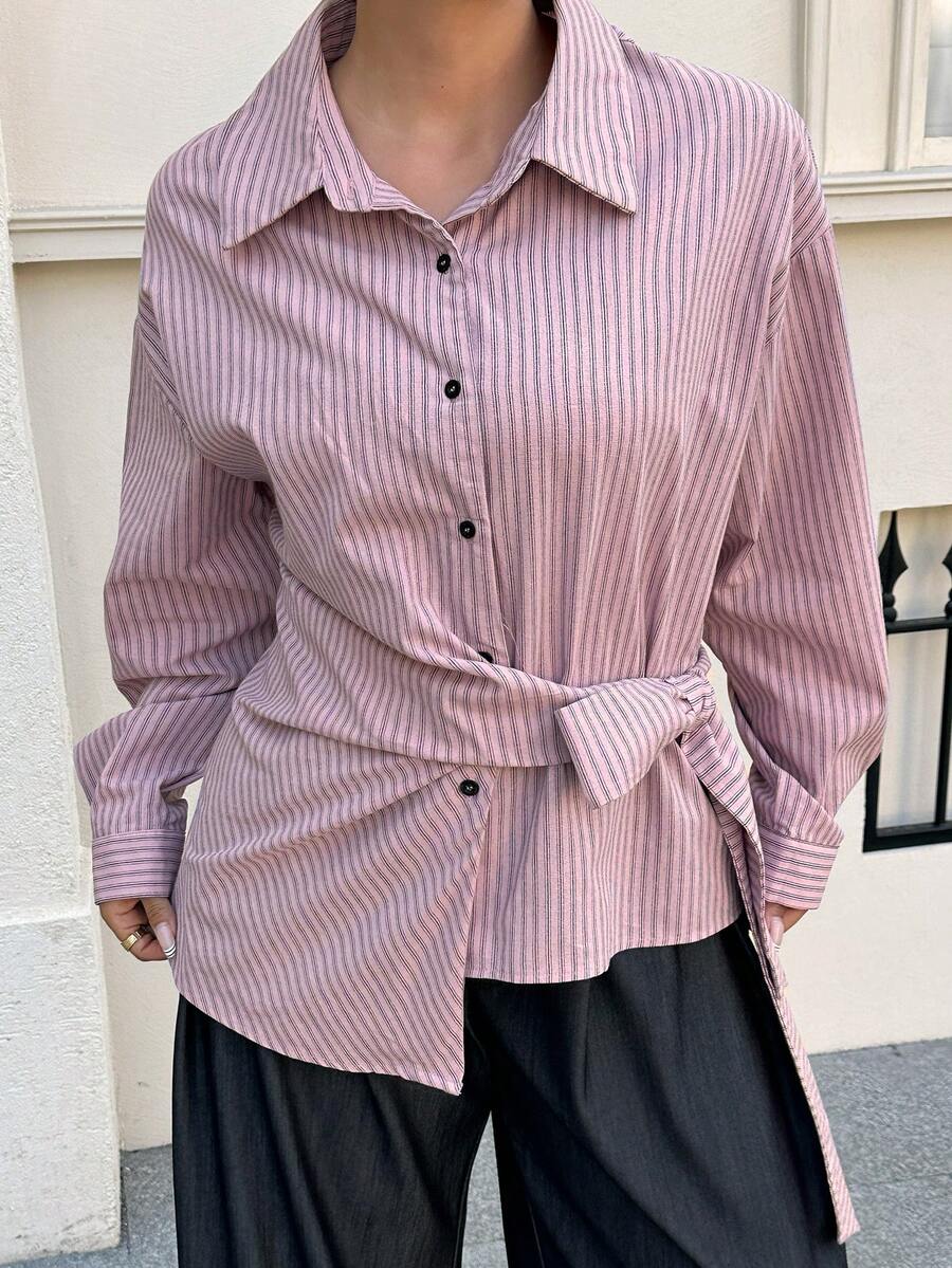 Dazy Plus Fashionable Turndown Collar Casual Striped Loose Asymmetrical Cinched Waist Long Sleeve Commuting Shirt - Pink - View 1