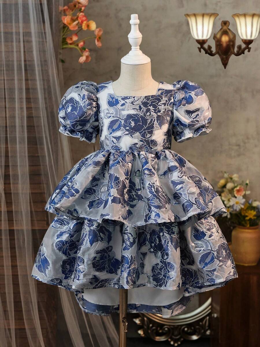 SHEIN Young Girls Floral Print Short Sleeve Dress - Blue - View 1