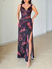 SHEIN Raffinéa Women's Black And Red Printed Deep V-Neck Slip Dress,Long Slit Fitted Summer Vacation Outfits,Elegant Party Night Wedding Guest Casual Dresses - Red and Black - View 7