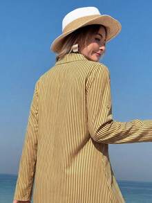 Swim Vcay Beach Dresses For Women Women's Mid-Length Striped Shirt Dress With Cuffed Sleeves Summer - Yellow - View 5