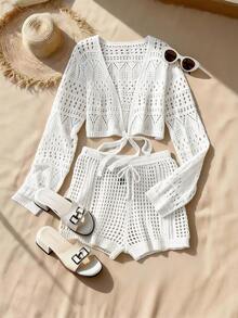 Breezaya New Summer Sexy Sheer Lace-Up Crop Top, Chic & Fresh Design For Beach, Vacation, Party, Dates, Lightweight Knit Two Pieces Set - White - View 7