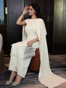 Modelyn Đầm dự tiệc sang trọng, thanh lịch, lãng mạn dành cho nữ, với cổ áo choàng trang trí và kiểu dáng ôm sát. - Màu vàng ngỗng - Xem 5