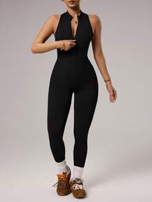 Dewbera 1pc Women's Seamless Front Zipper Mandarin Collar Racerback Sexy Backless Camisole & Cropped Jumpsuit For Running, Fitness, Yoga - Black - View 5