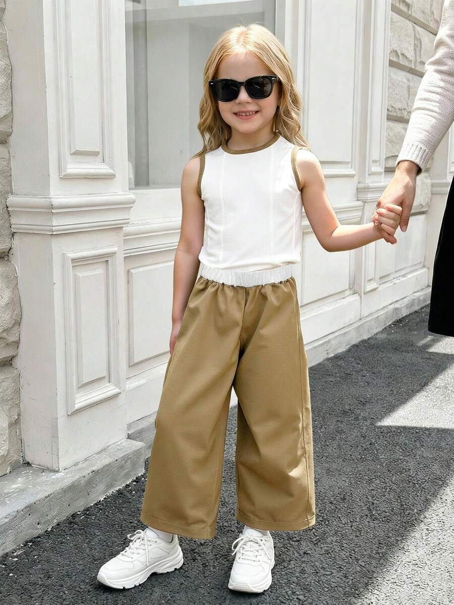 2 Pieces Set: Girls' Casual Knitted White Top & Khaki Loose Pants - Summer Outfit, Young Girl' Daily Comfortable Clothing - Multicolor - View 1
