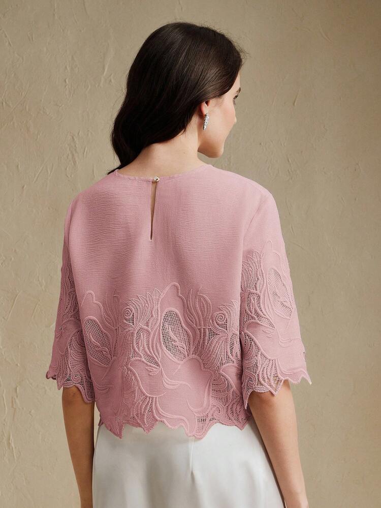エレガントなヴィンテージ風 レース刺繍シアー ラウンドネック 半袖 ラインストーン装飾 レディーストップス、春夏