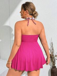 Swim Lushoire Plus Size Women 2pcs Set Random Leaf Print Loose Tankini Top And Shorts Beach/Pool Resort Bikini Set - Hot Pink - View 2