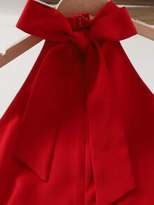SHEIN Tween Girl 3D Floral Decor Twisted Design Halter Dress - Red - View 5
