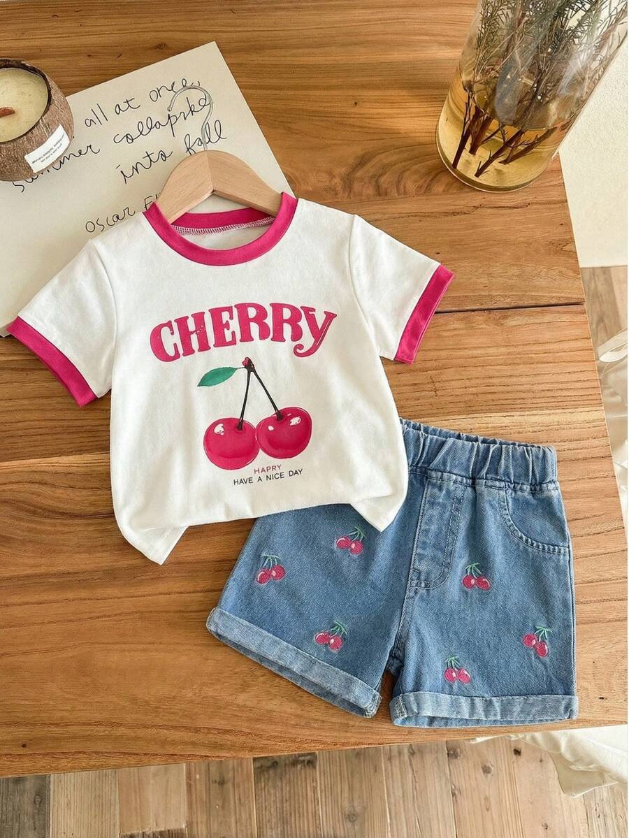 Vintaside Kids 女婴樱桃印花T恤套装，撞色滚边，短袖上衣搭配刺绣短裤，时尚装扮 - 彩色 - 查看 1